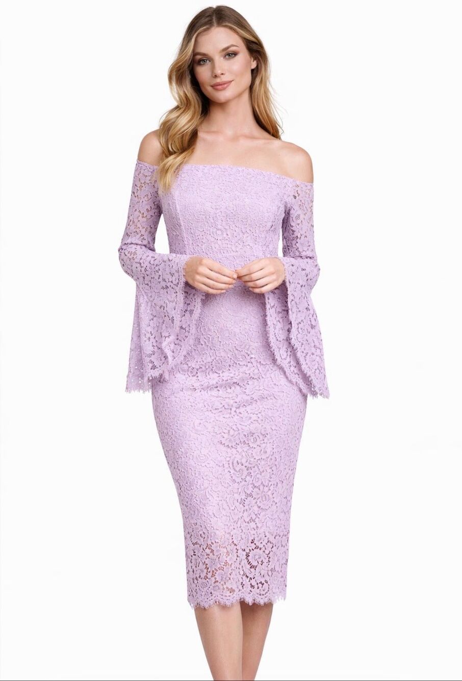 Bardot Solange Lilac Lace Midi Dress Off Shoulder Bell Sleeve NWT Size 4